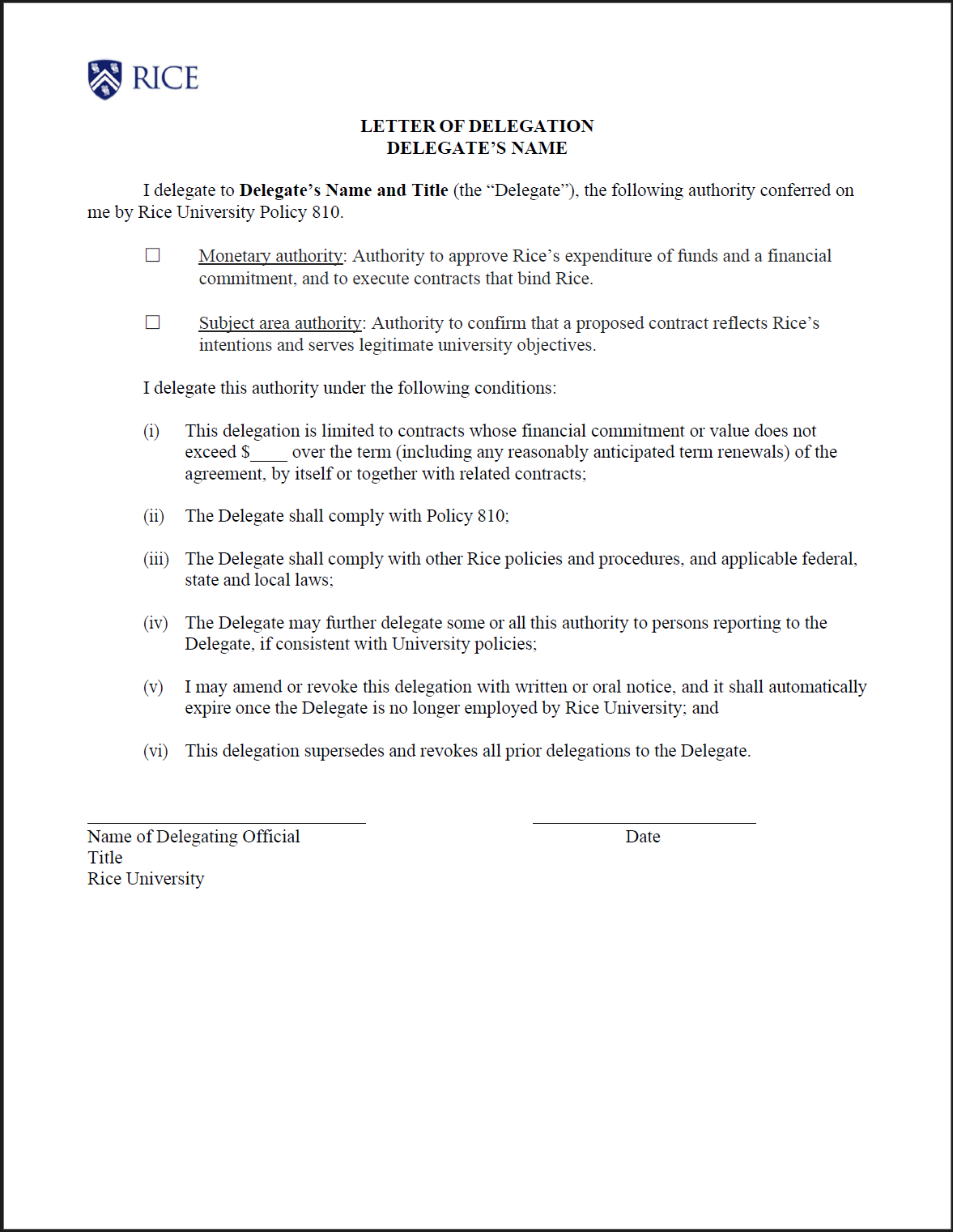 Letter of Delegation